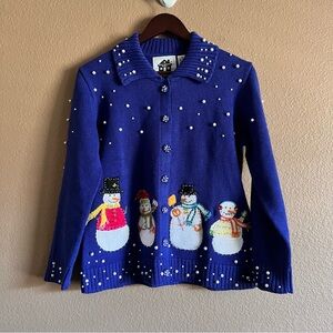Storybook Knit Vintage Christmas Snowman Cardigan Embroidered Sweater Size XS